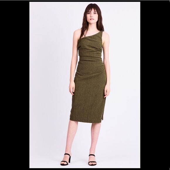 NWT Third Form Drifter Olive Linen Blend One Shoulder Dress Size 4 - Picture 9 of 14